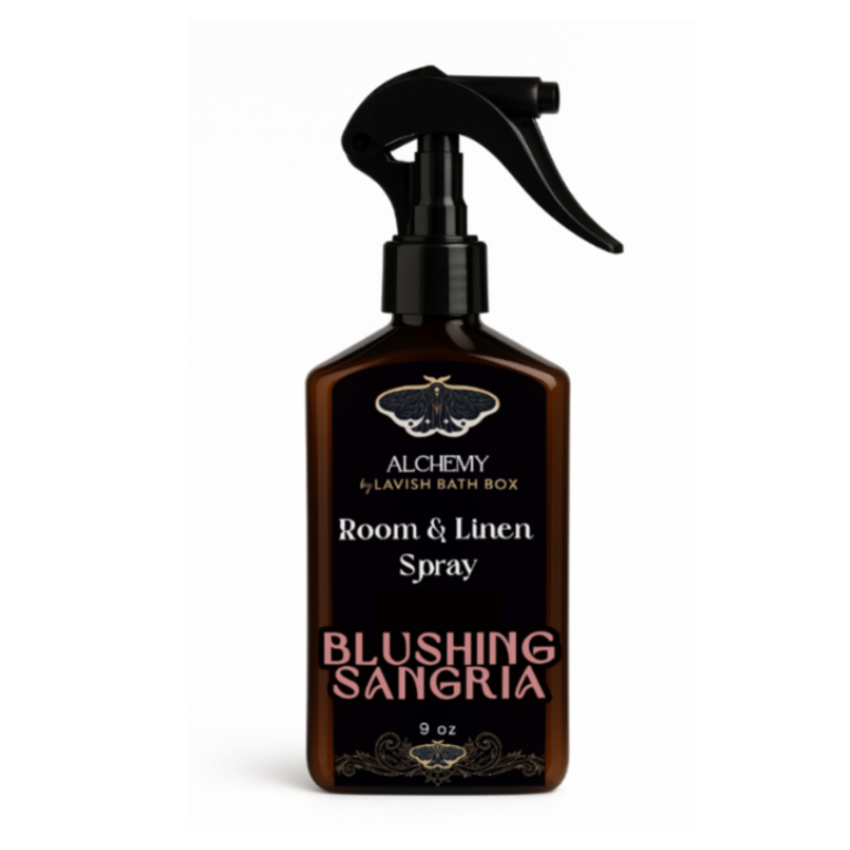 Room and linen spray bottle labeled 'Blushing Sangria' on a white background