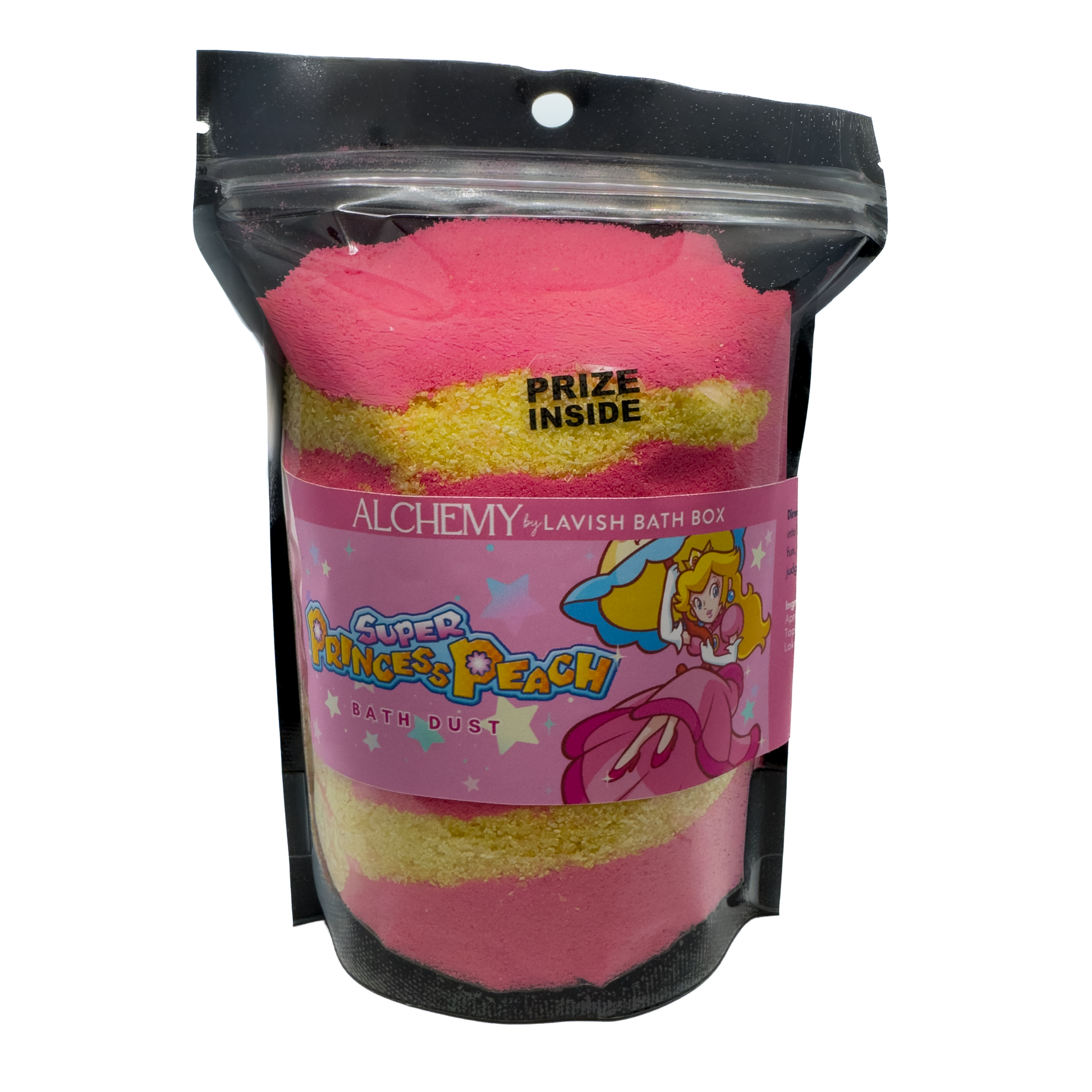 Pink bath bomb with princess design packaging on a white background