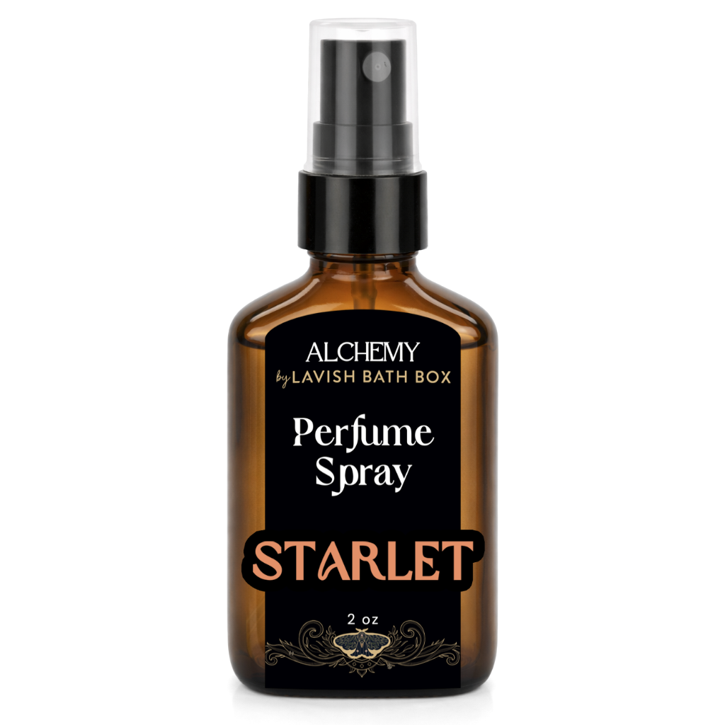 Perfume spray bottle labeled 'Starlet' by Alchemy of Lavish Bath Box on a white background