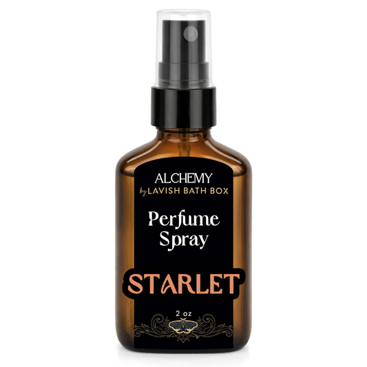 Perfume spray bottle labeled 'Starlet' by Alchemy of Lavish Bath Box on a white background