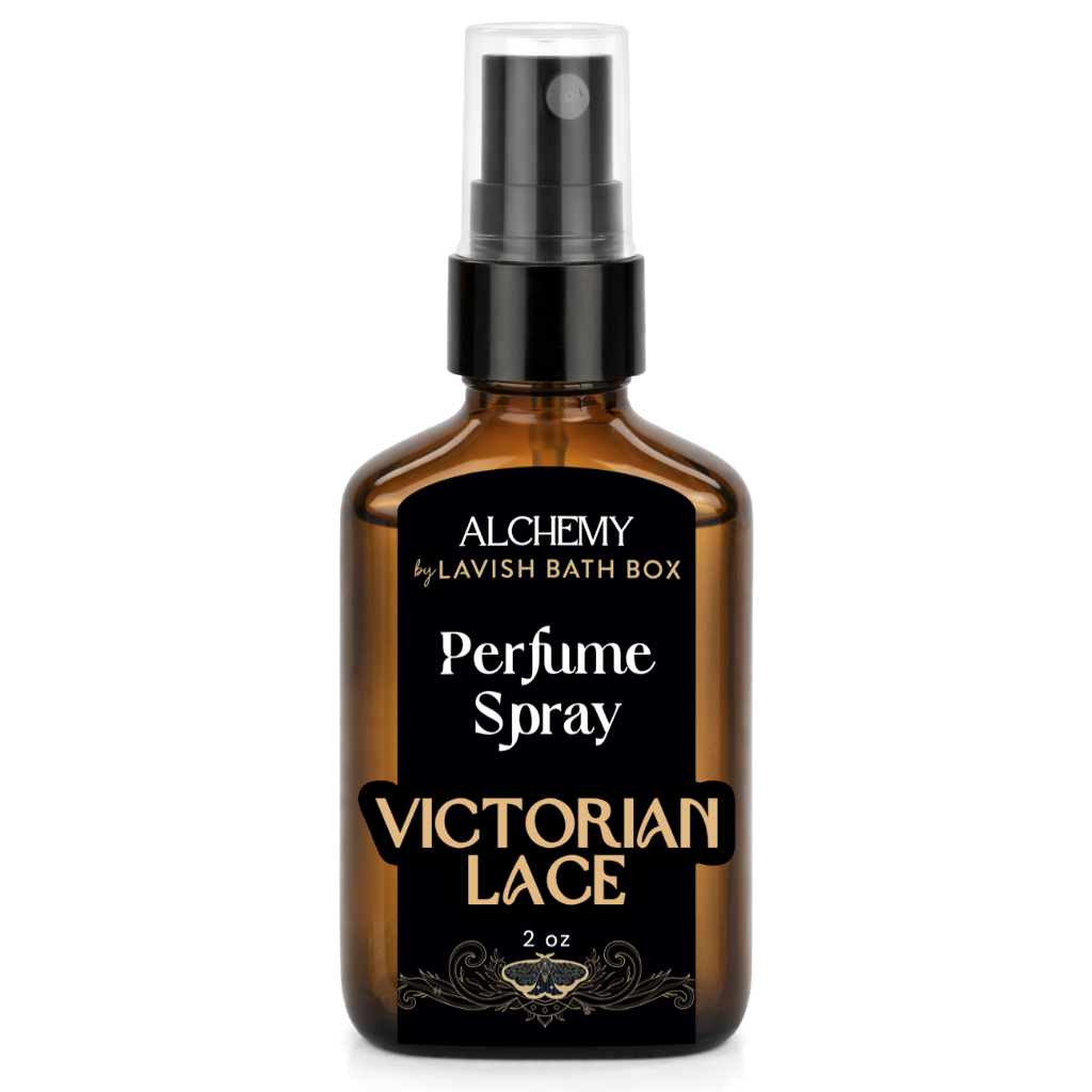 Perfume spray bottle labeled 'Victorian Lace' by Alchemy from Lavish Bath Box on a white background