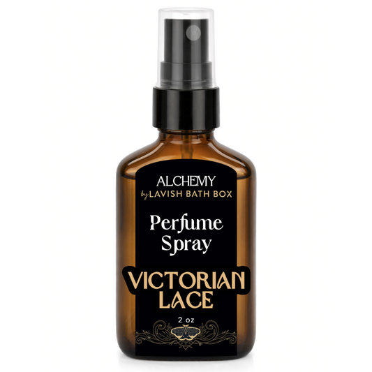 Perfume spray bottle labeled 'Victorian Lace' by Alchemy from Lavish Bath Box on a white background