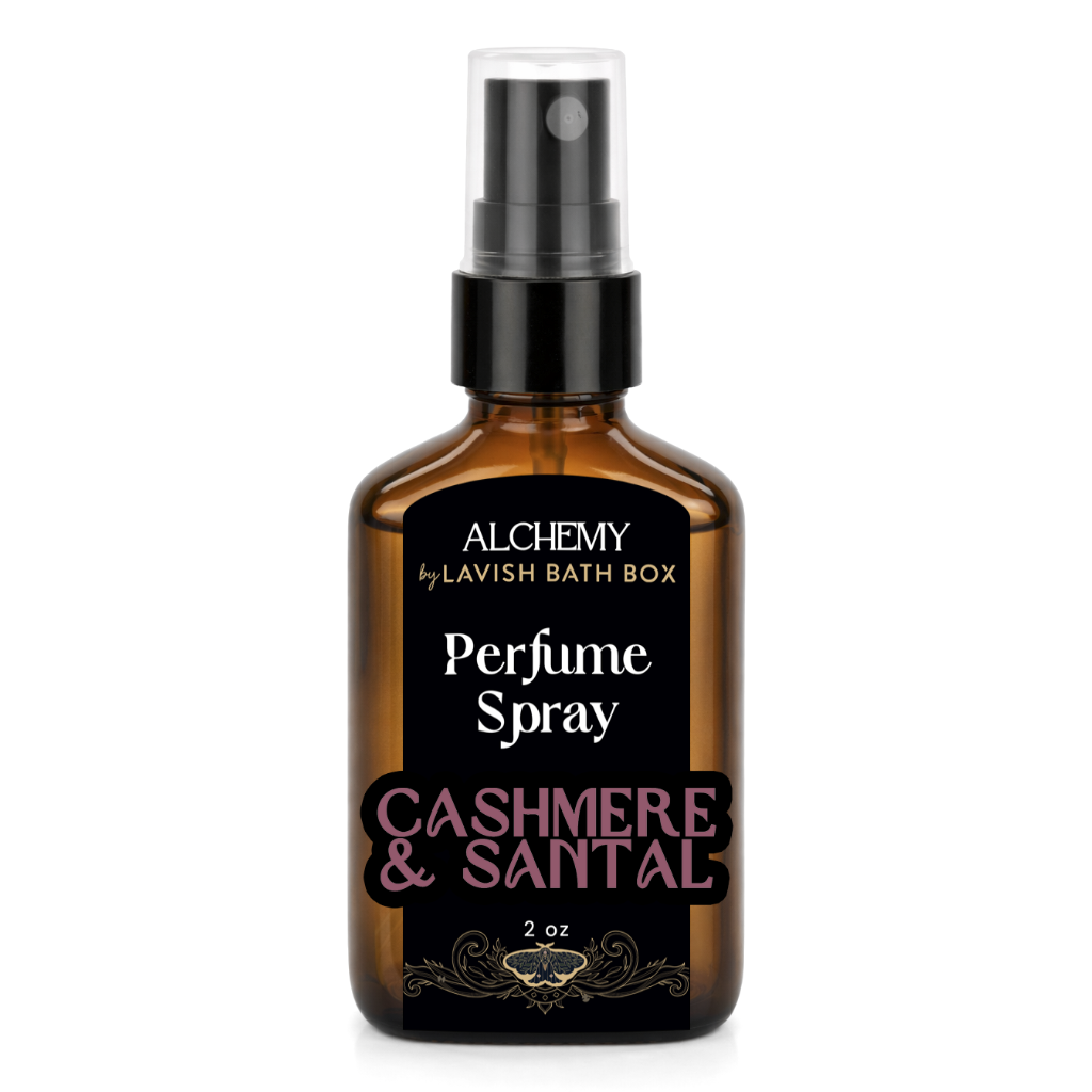 Perfume spray bottle labeled 'Cashmere & Santal' by Alchemy of Lavish Bath Box on a white background